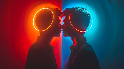 Soft lighting enhances the futuristic aura of a digital art piece featuring a gay couple with holographic wedding rings