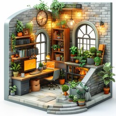 Home office with a wooden desk, computer, bookshelves, large arched windows, brick walls, and numerous indoor plants.