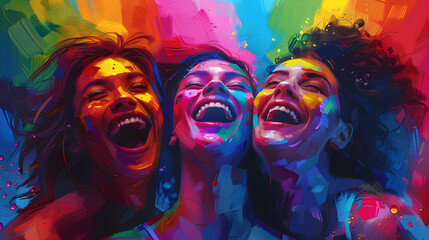 Group of diverse friends celebrating Pride with holographic flags, Pop Art, Vibrant Colors, Digital Art