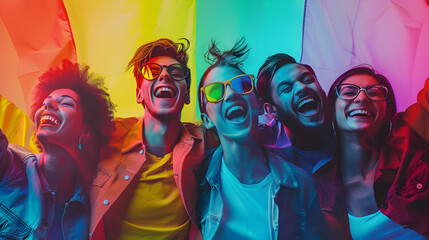 Digital art captures a vibrant celebration as a group of diverse friends wave holographic flags, echoing the spirit of Pop Art with vibrant colors