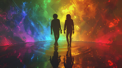 A digital art depiction features an LGBTQ couple dancing on a holographic floor, surrounded by psychedelic colors and multicolor lights