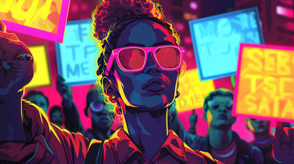LGBTQ activists with neon signs in a futuristic protest, Sci-fi, Bright Colors, Illustration