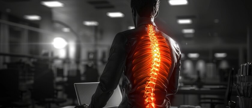 Employee with glowing spine experiencing upper back pain in a dark office, showing effects of poor posture and prolonged sitting.