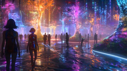 A futuristic park sets the stage for an LGBTQ parade, its surroundings adorned with holographic trees and decorations, depicted with vivid colors in digital art