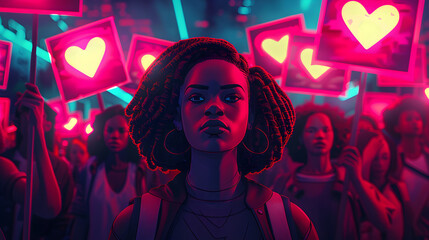 LGBTQ activists illuminate a futuristic protest with neon signs, blending sci-fi elements and bright colors in an evocative illustration
