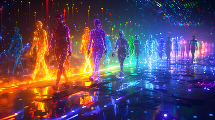 Futuristic LGBTQ parade showcases colorful holographic floats shaped like iconic symbols, enhancing the multicolor ambiance in digital art