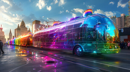 LGBTQ parade with colorful holographic floats shaped like iconic LGBTQ symbols, Futuristic, Multicolor, Digital Art