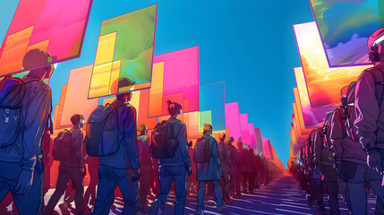Non-binary individuals carrying holographic signs add a futuristic touch to the LGBTQ parade, their vibrant presence and bright colors enhanced by the sci-fi setting in the digital animation