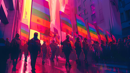 The LGBTQ parade comes to life with non-binary individuals holding holographic signs, their vivid colors and futuristic aesthetic blending seamlessly into the bright, sci-fi landscape depicted in the 
