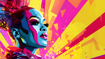 Bold colors and dynamic energy fill the LGBTQ pride parade's digital illustration, with drag queens commanding attention on holographic floats in a nod to Pop Art
