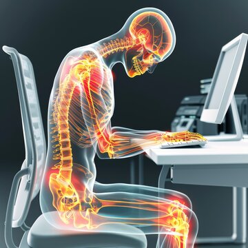 Transparent skeleton highlighting joints and muscles experiencing strain while working at a computer, demonstrating poor ergonomics in an office.
