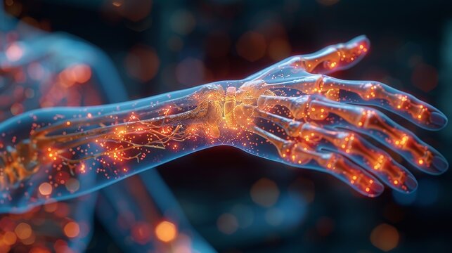 Transparent skeletal arm with glowing nerves and joints, illustrating carpal tunnel syndrome and repetitive strain injury in a dark, high-tech environment.