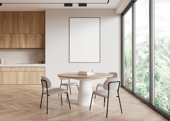 A modern dining room with a blank poster on the wall and large windows showing greenery. Light colors and minimalist design create a calm atmosphere. Poster mockup concept.  3D Rendering