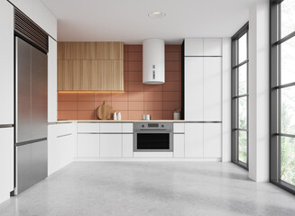 White home kitchen interior with cooking cabinet and panoramic window