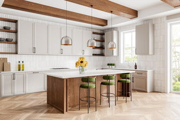 Stylish home kitchen interior with bar island and cabinet near window