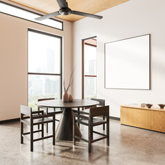 Beige home living room interior with chairs and dining table, mockup frame