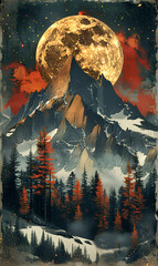 Retrostyle Illustration of Snowcapped Mountains with Evergreen Trees, Crescent Moon, and Twinkling Stars in Earthy Gold Tones with White Accents for Snowy Peaks and Details. Generative AI.