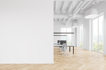 Office coworking interior with pc computers on desks, window. Mockup wall