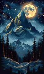 Retrostyle Illustration of Snowcapped Mountains with Evergreen Trees, Crescent Moon, and Twinkling Stars in Earthy Gold Tones with White Accents for Snowy Peaks and Details. Generative AI.