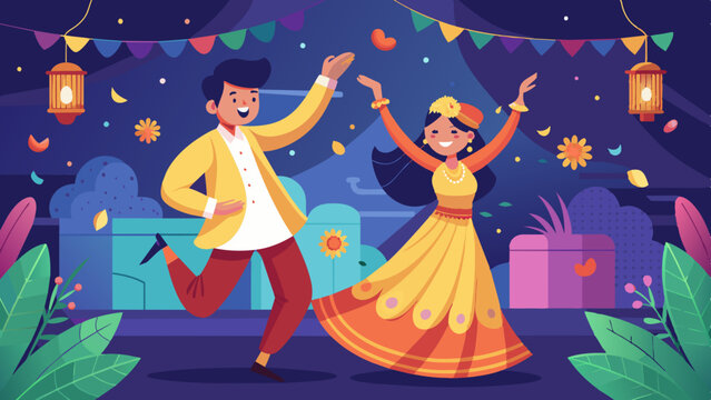 A modern flat design of a young Indian couple dancing joyously at their sangeet ceremony.
. Indian Style Vector
