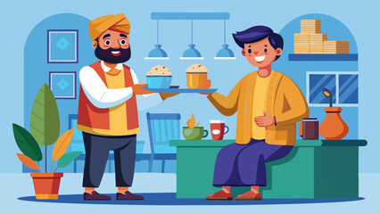 A detailed vector graphic of a friendly Indian colleague offering chai to a new employee, fostering a welcoming atmosphere.
