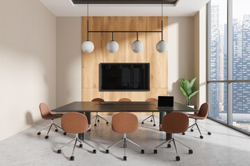 Wooden office interior with meeting table and chairs, tv screen and window
