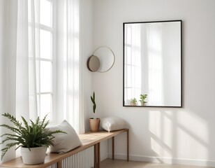 Fototapeta premium Frame mockup, ISO A paper size. Living room poster mockup. Modern interior design. Living room Interior mockup with house background. 3D render