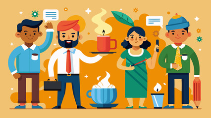 A playful set of icons representing office life in India, including chai breaks and team huddles.
