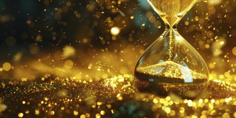 Hourglass with luminous golden sand, close-up with ethereal lighting, symbolizing the passage of time