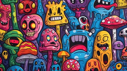 Whimsical Cartoon Wonderland: Colorful Characters with Weed Bongs and Magic Mushrooms in Cuphead Style Doodle Art.