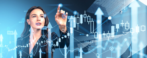 Businesswoman finger touch forex candlesticks with rising arrows, stock market