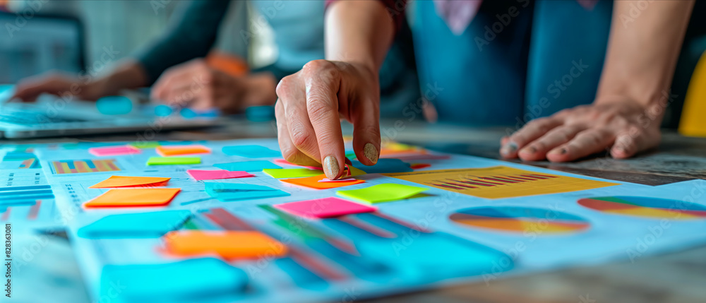 Poster close-up of hands organizing colorful sticky notes on a chart, blurred background, planning concept.