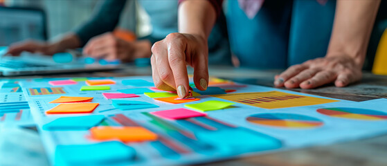 Obraz premium Close-up of hands organizing colorful sticky notes on a chart, blurred background, planning concept. Generative AI