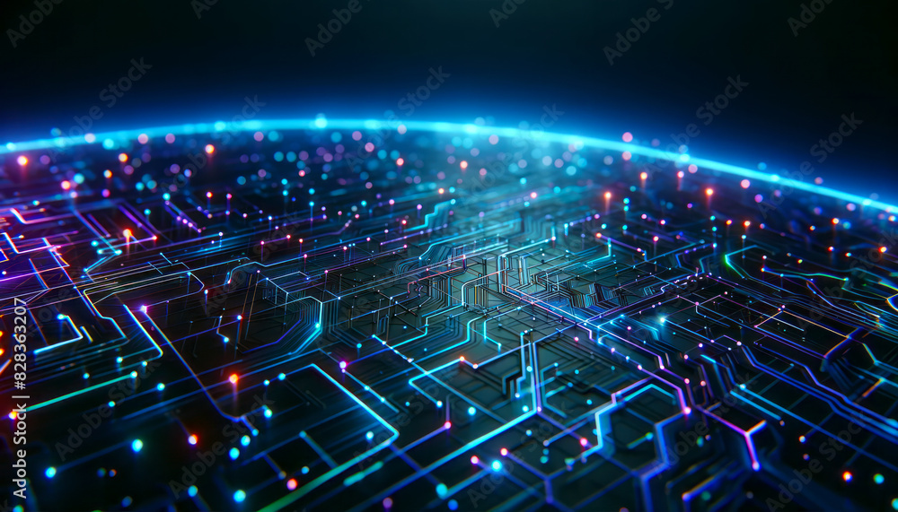 Poster Intricate network of glowing lines and dots on a dark background, representing a digital circuit board concept. Generative AI