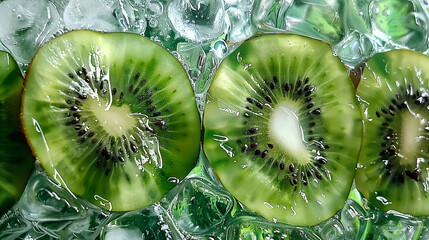 Hyperrealistic closeup of green kiwi slices encased in ice with transparent and glassy texture on a green background. The shot captures hyper-detailed water droplets - Powered by Adobe