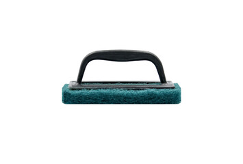 Green Heavy Duty Cleaning scourer Pad with black plastic handle isolated on white background, Cleaning table kitchen sponge or use for toilet washing