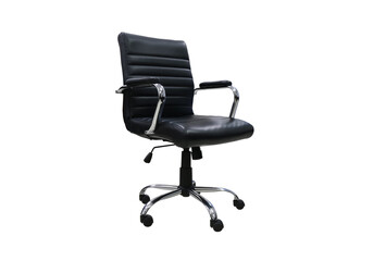 Fototapeta premium Side view Office chair isolated on white background, modern adjustable chair from black leather.