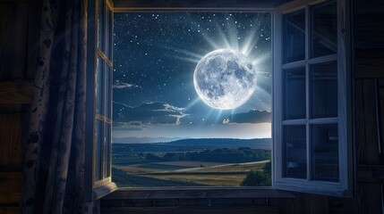An ethereal scene featuring a large window showcasing a breathtaking night sky with a luminous moon and countless stars, filling the room with a sense of wonder.