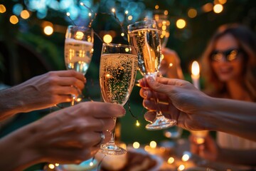 Cheerful friends with Bengal lights and champagne glowing concept close up theme festive occasion vibrant Overlay garden party