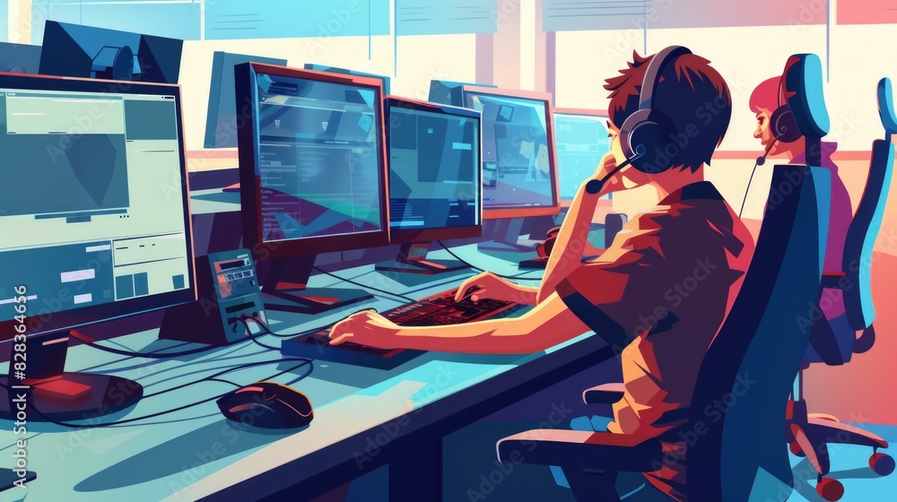 Poster a man sitting in front of a computer monitor. ideal for technology concepts
