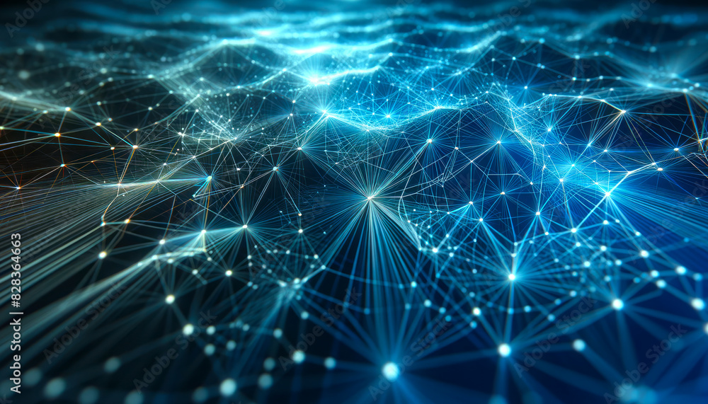 Poster a digital network of nodes and connections on a dark blue background, symbolizing technology and con