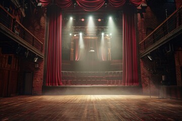 Empty Stage with Theater Curtains and Spotlights