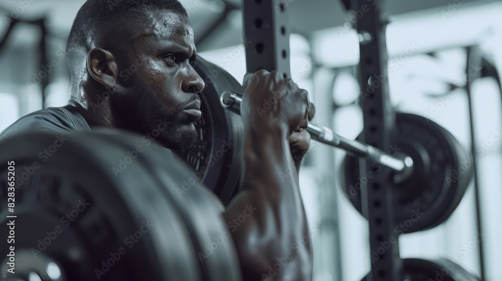 Poster a dynamic image of a person lifting weights in a modern gym, with focus on their determined expressi