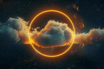 Obraz premium Electric gold neon light ring encircles a swirling cloud in a dramatic night sky frame.