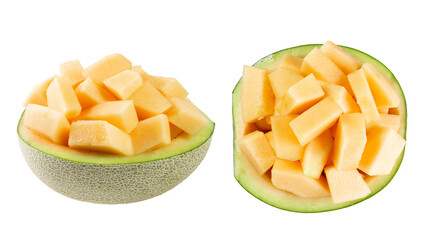 Two halves of cantaloupe with cantaloupe cubes inside isolated on white background