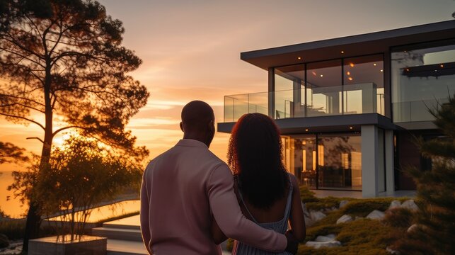 Back portrait of a young African American black couple standing and hugging, happy in front of their new home to start a new life.