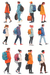 Obraz premium Vector illustration of diverse people wearing backpacks in various poses.