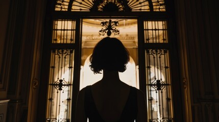 A silhouette of a woman standing in front of a closed door. Suitable for various concepts and designs