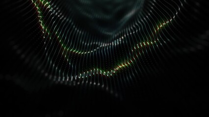 3d particle wave and lights background. Green  cyber or technology background. Abstract technology wave.