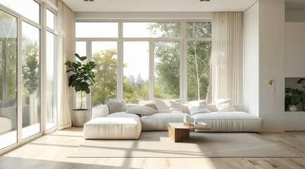 Minimalist living room in white color with a cozy white sofa, full-length windows capturing a sunny outdoor scene, and uncluttered layout